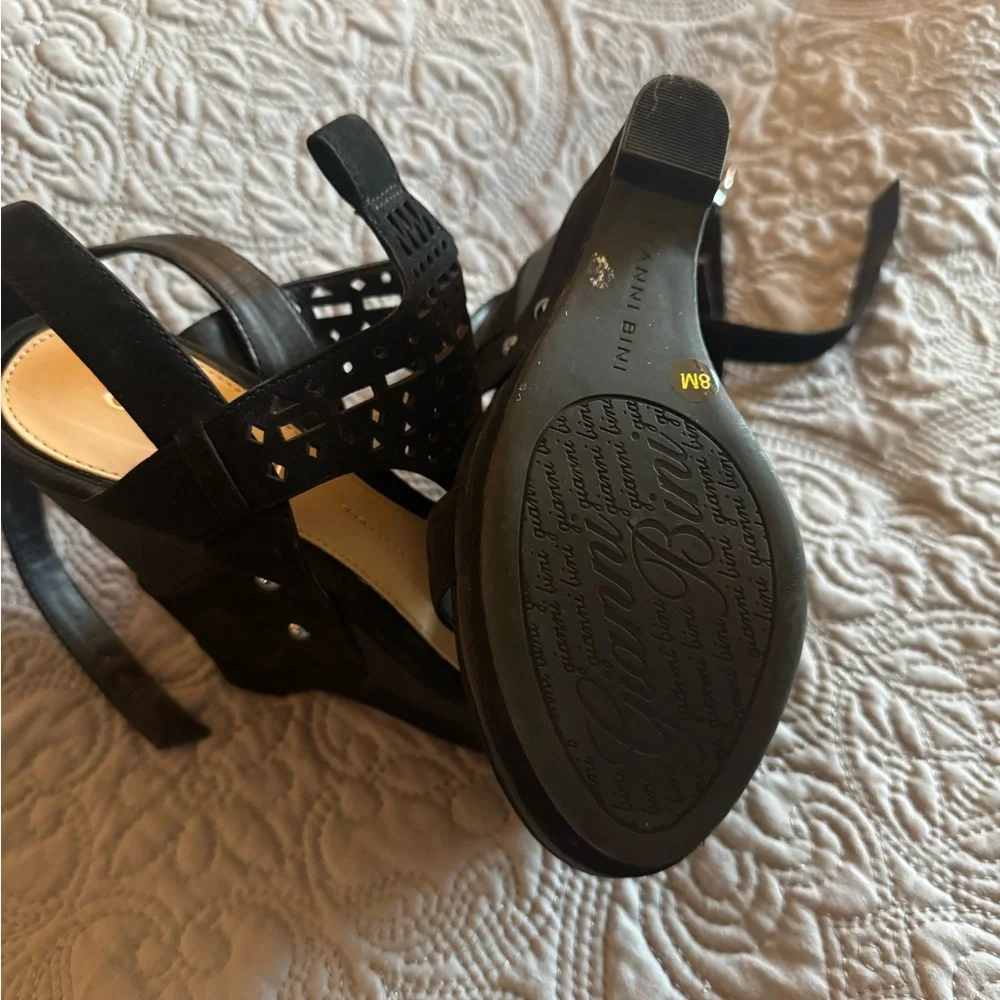 Gianni Bini Black Laser-Cut Wedge Sandals - Picture 3 of 3